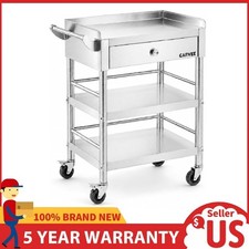 Stainless Steel Utility Cart with Wheels  Drawer ,3-Tier Rolling Cart ,Durable