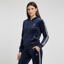 Fila Women's Navy Velour Track Suit Sz XL Jacket  M Pants Logo Down Sides Hood