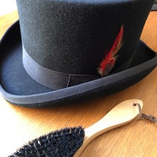 100% Wool Black Top Hat With Hat Brush Steampunk Cosplay With Feather Handmade M