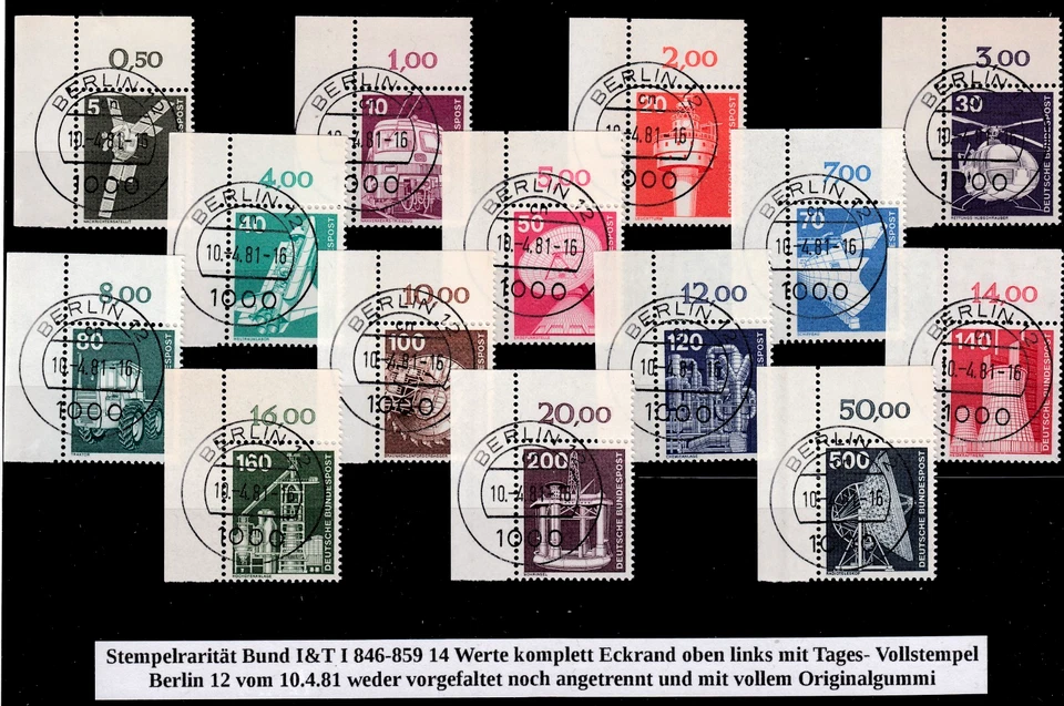 ⅍ Bund I&T 846-859 Eckrand EOL E1 rarer Tages Vollstempel Berlin 10.4.81 m Gummi - Bild 1 von 1