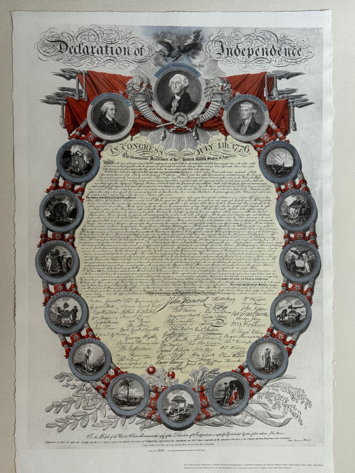 1976 Ltd Ed. reproduction of 1819 Binns copy of Declaration of Independence, 726