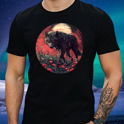 Mens Wolf on Flower Field Motif Cotton T-Shirt Size S to 5XL