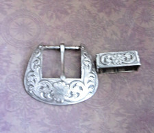 Vintage Buckle and Loop Belt set, Floral antique silver color.