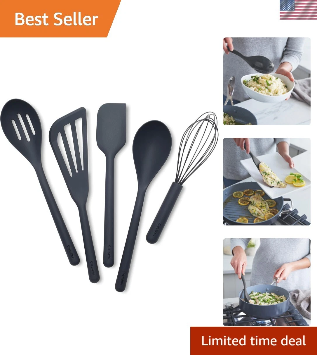 Silicone 5 Piece Cooking Utensil Set, Slotted & Solid Spoon, Turner, Spatula,...