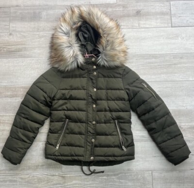 Topshop Khaki Zip Up Faux Fur Hood Winter Coat Womens Size 10 detachable  hood UK - Main Image