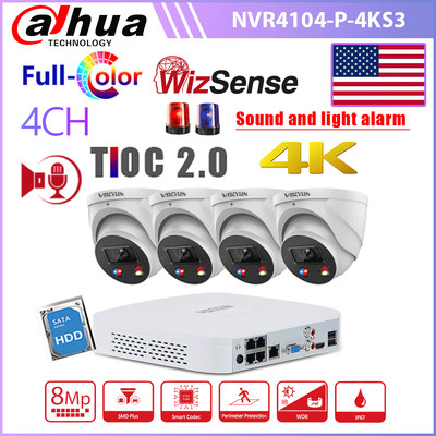 Dahua 4CH 4K 8MP Full Color WizSense IP Camera Audio Red Blue Alarm System Lot