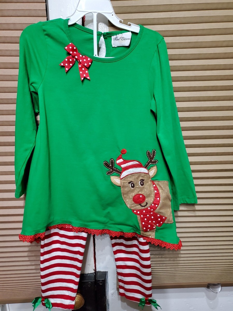 Girls CHRISTMAS Reindeer RARE EDITIONS 6x pants and tunic set green red  white