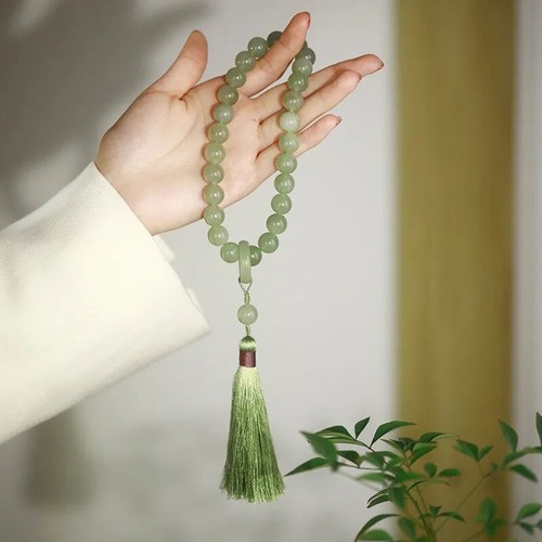Green Jade Stone 12mm Beads Tassel Bracelet Buddhist Mala Buddha Charm Rosary - Picture 17 of 38