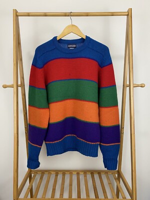 VTG Lands' End Colorblock Bold Striped Knit Pure Wool Sweater Size