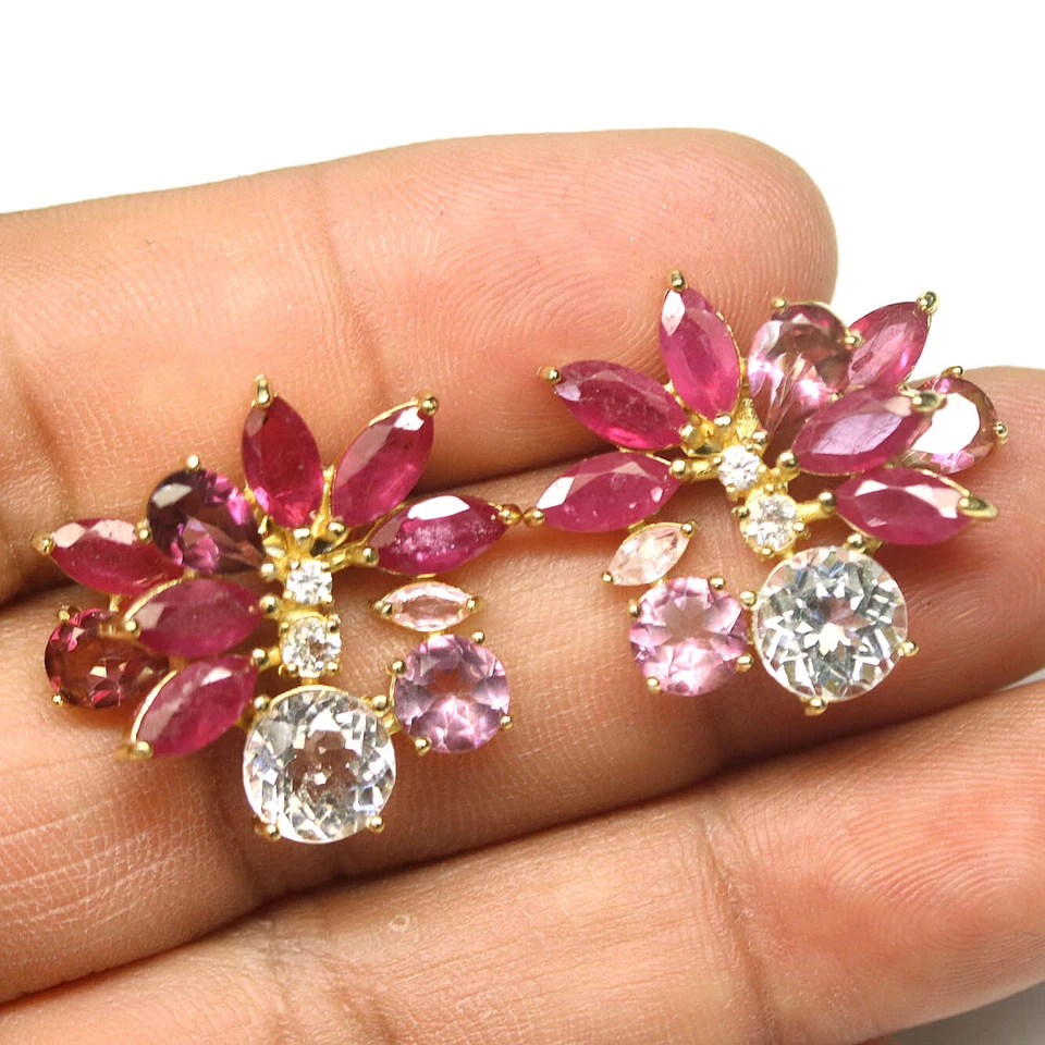 Pendientes de piedras preciosas blanco-rosa topacio místico y rubí rojo plata 925 oro 18K Foto 2 de 4