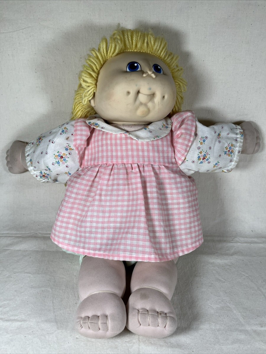 Original Cabbage Patch Baby Doll Pink Dress Yellow Yarn Hair Blue