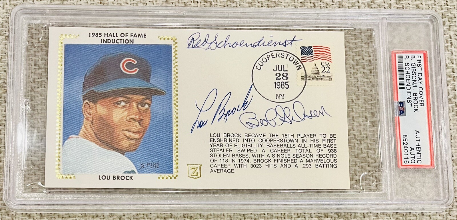 1985 LOU BROCK & BOB GIBSON AUTOGRAPHED HOF INDUCTION COVER PSA/DNA