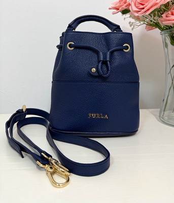 Furla Navy Small Crossbody Bucket Bag Drawstring Top Handle Adjustable Strap