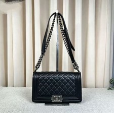 Chanel Boy Medium Flap Bag Black Lambskin Quilted Ruthenium Silver Hardware Auth