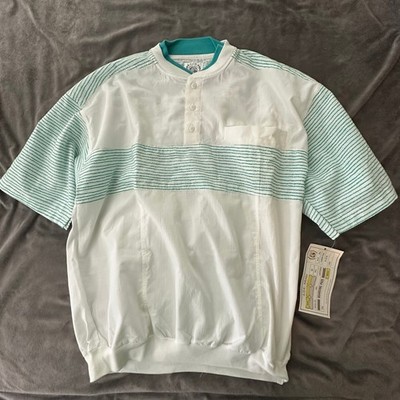 Vintage AOK Shirt Mens Large White Green Striped Retro 80s Preppy Athleisure