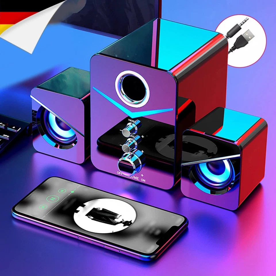 PC Lautsprecher Bluetooth Boxen mit Subwoofer für Laptop Computer Bass USB AUX!~