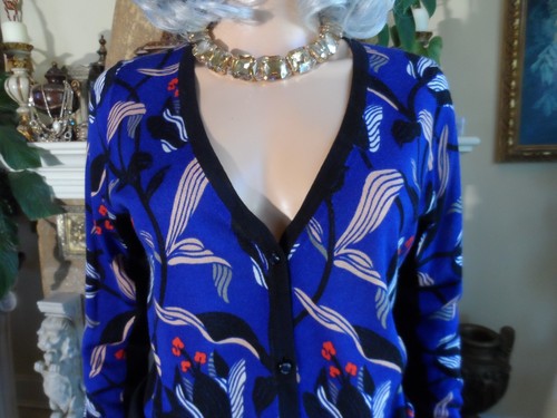 Cardigan Escada blu cobalto multi stampa misto lana/seta Vigin nuovo taglia L - Foto 7 di 24