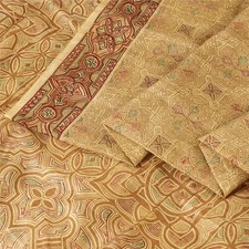 Sanskriti Vintage Sarees Cream Geometric Printed Pure Silk Sari 6Yd Craft Fabric