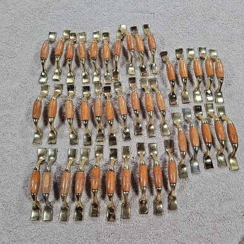 Salvaged Vintage Lot of 10 Cabinet Drawer Pull Handles Brass Tone & Oak Trim