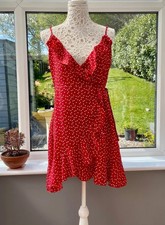 Red & White Floral Wrap Mini Dress Strappy Summer Dress Size Small