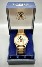 Vintage Lorus Mickey Mouse Gold Tone Edition Mens Watch w/Stretch Stainless Band