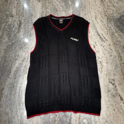 VTG FUBU Sports Cable Knit Sweater Vest Black Red Trim Men’s Sz XL Preppy Y2K