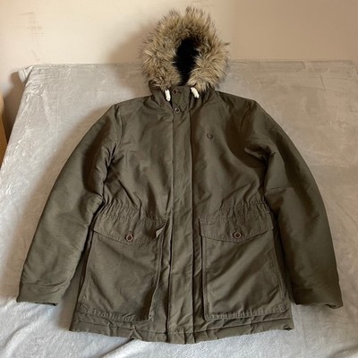 Fred Perry Parka Jacket Mens Small Olive Green Quilted Faux Fur Hood Winter Coat