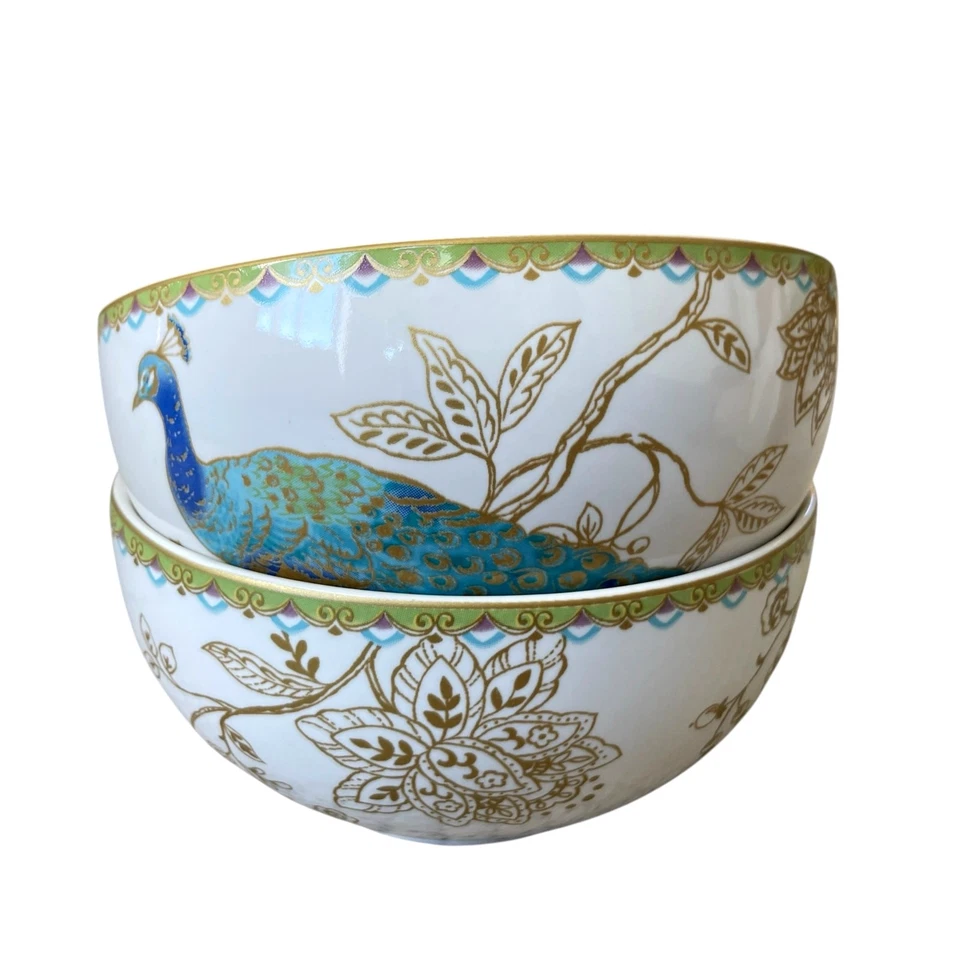 Juego de 4 cuencos de sopa de cereal de jardín de pavo real 222 blanco majestuoso verde azulado dorado NUEVO Foto 3 de 4