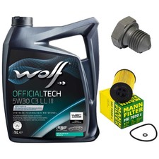 Motoröl Filter Set Wolf Oil 5W30 5 Liter + Schraube für Skoda Rapid 1.6 115 PS