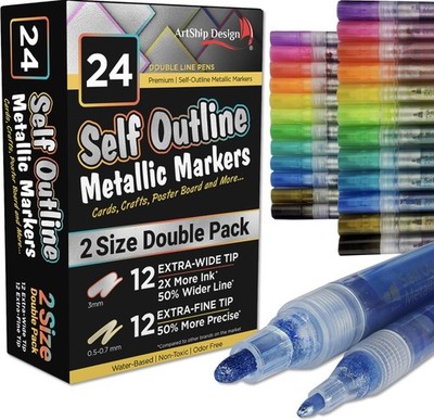 24 Self-Outline Metallic Markers - Extra Fine & Medium Tip Paint Pens for DIY Cr