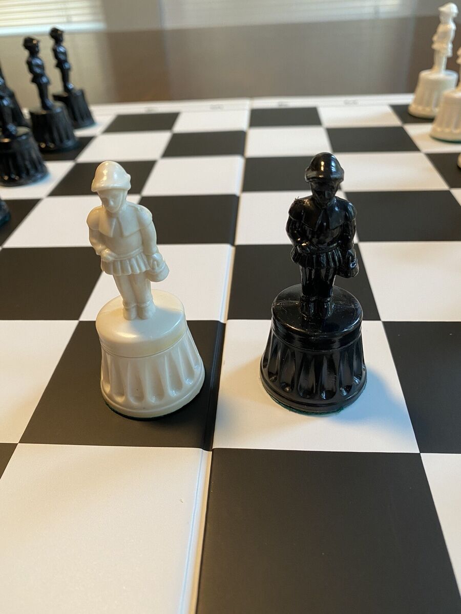 Plastic Folding 20” Chess Board And Black And White Medieval Chess Pieces