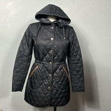 Massimo Dutti Quilted Dark Navy Midi Length Hooded Jacket Coat size small