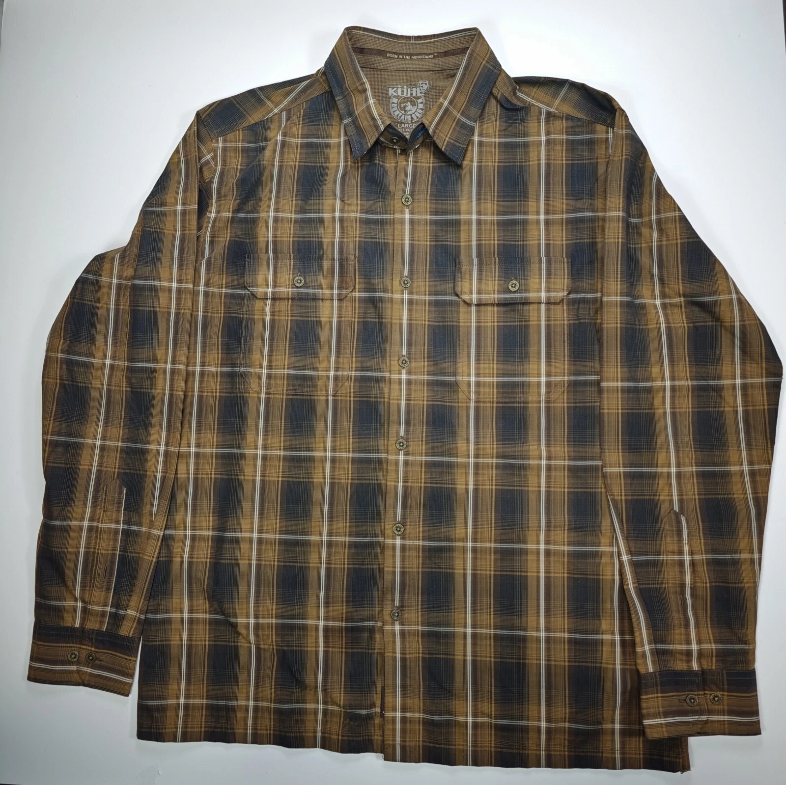 Kuhl Eluxur Long Sleeve polyester Shirt Mens Size L Plaid Hiking Outdoor Brown