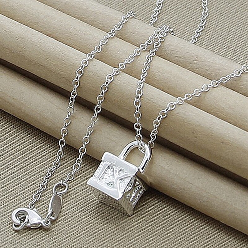 925 Sterling Silver Solid Square Lock Pendant Necklace Chain