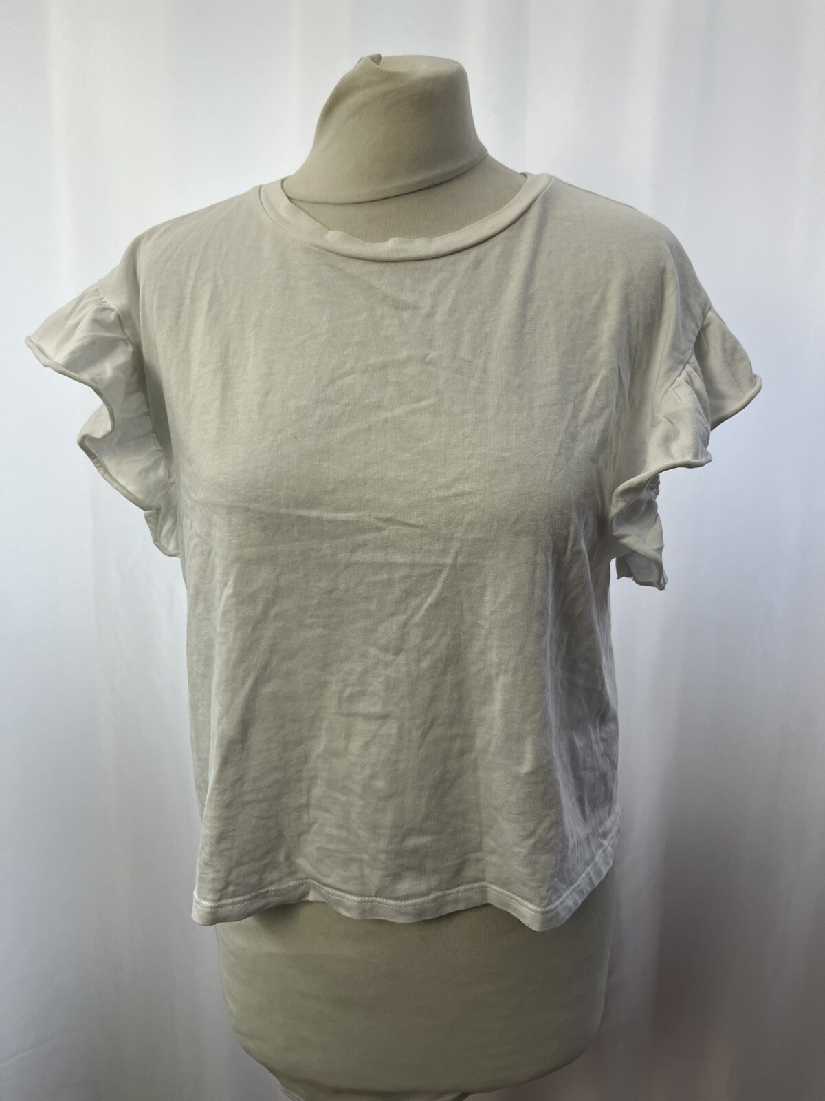 Zara Womens White Cropped Cotton T-shirt Size S Flutter Sleeve