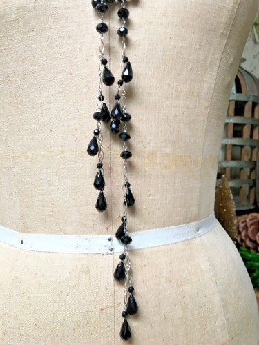 57" French Black Faceted Jet Bead Sterling Silver Lariat Necklace VTG - Picture 4 of 7