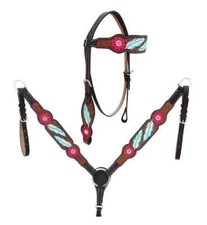 WESTERN LEATHER TOOLED HEADSTALL ,BREAST COLLAR TACK SET HAND PAINTED