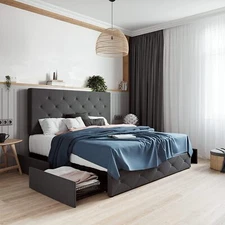 King Platform Bed Frame with Adjustable Headboard and 4 Drawers, Dark Grey