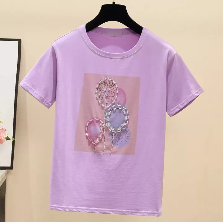 Camiseta Mujer Manga Corta Algodón Rosa Lila Globos Suave 7182