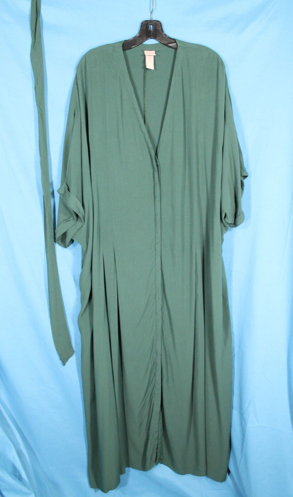 H&M Lightweight GREEN Button-Up TIE BELT Cuff Sleeves MAXI SHIRT DRESS Sz 2XL