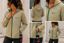 Reebok Women s Textured Full Zip Fleece Hoodie Jacket Beige Green