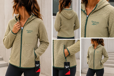 Reebok Women s Textured Full Zip Fleece Hoodie Jacket Beige Green