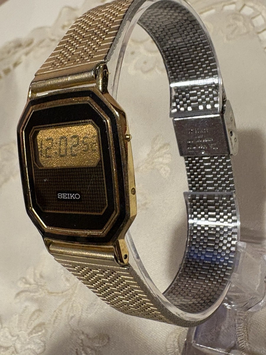 Seiko Digital Watch Men 29mm LCD Gold Tone Octagon F441-4010 | eBay