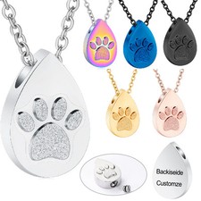 Paw Print Teardrop Urn Pendant Pet Memory Necklace Dog Cat Ashes Holder Jewelry