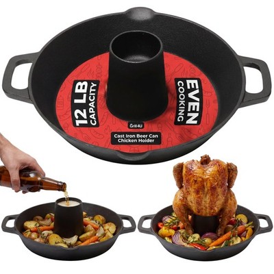 Cast Iron Vertical Chicken Roaster with Drip Pan, Pre-Seasoned BBQ Stand