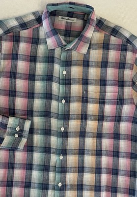 Tommy Bahama Spring Shirt Men L PastelMulticolor Plaid Linen LongSleeve ButtonUp
