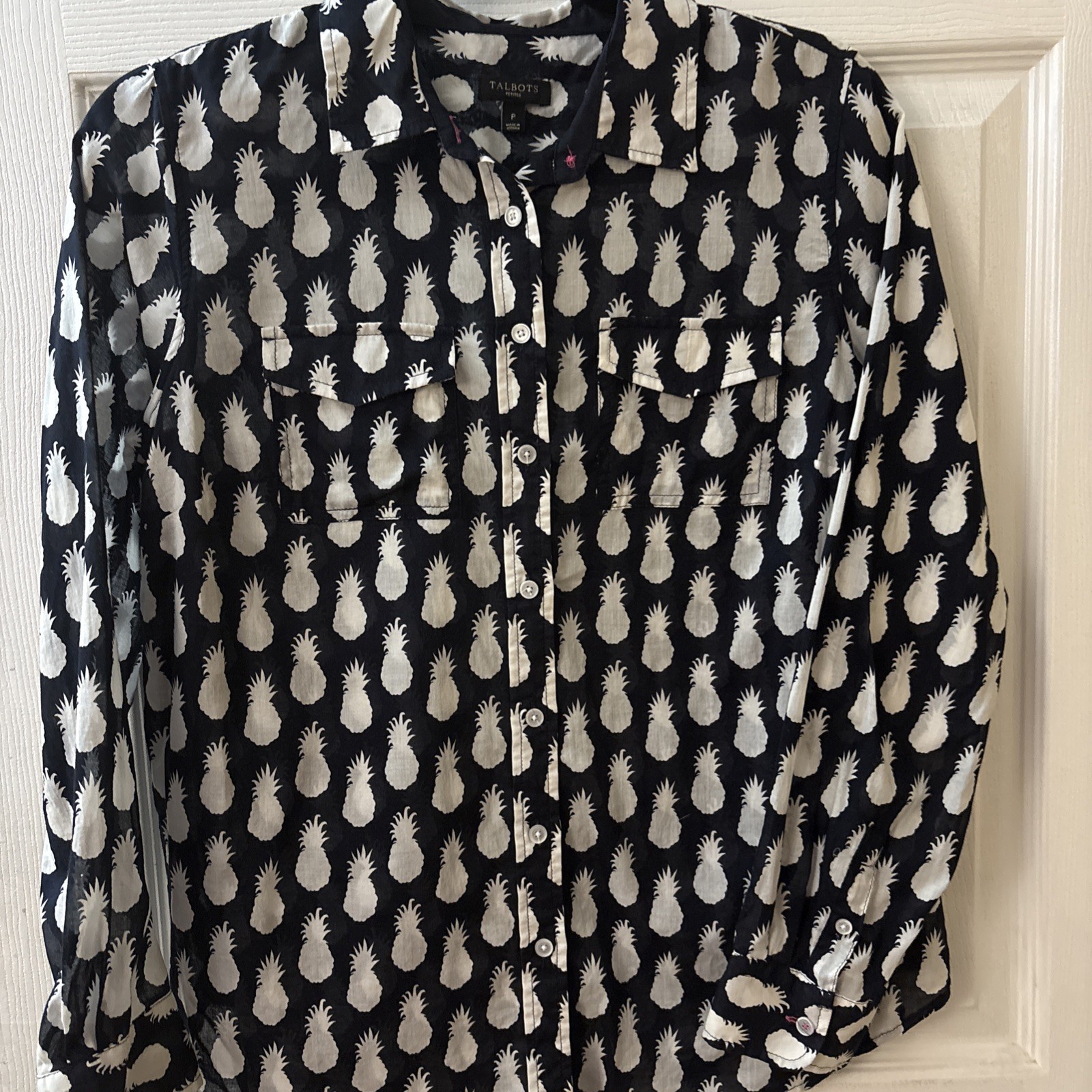 talbots petite small button up top Pineapple Navy - image 1