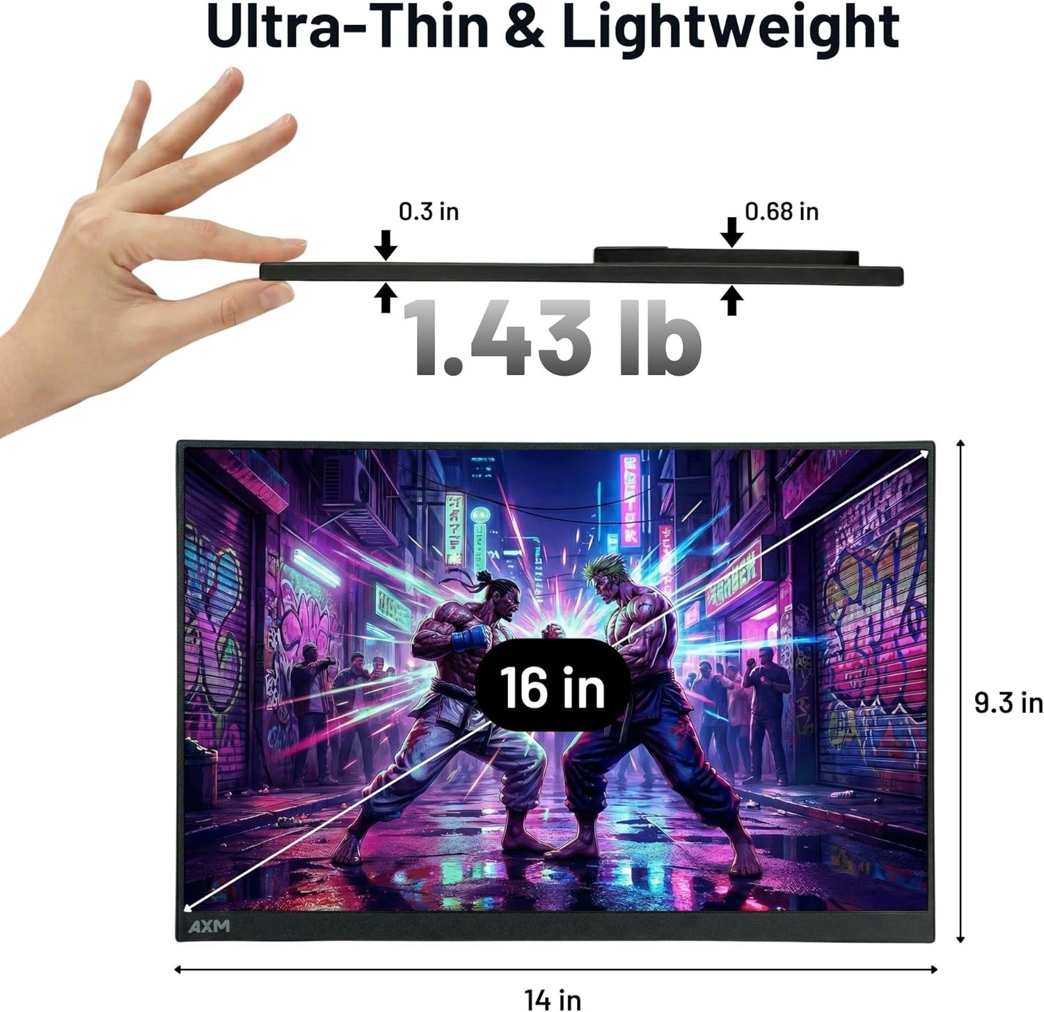 Monitor portátil AXM 16" FHD IPS 120Hz sin parpadeo 400Nits tipo OLED USB-C HDMI, imagen 3