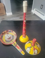 3 Vintage Tin Litho Clown Toy Noisemaker - Kirchhof Mfg. US Metal Toy