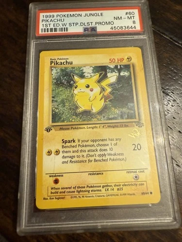 Pokémon TCG Pikachu 60/64 1st Edition Wizards Gold W Stamp Jungle Promo PSA 8